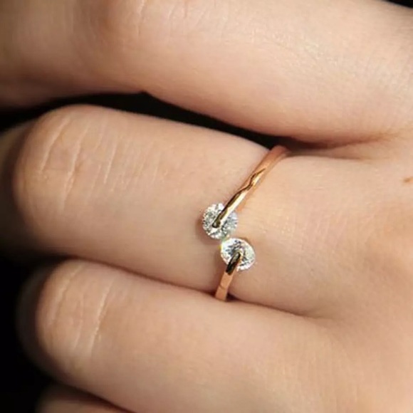 Rose Gold Double Diamond Adjustable Open Ring - Picture 2 of 8